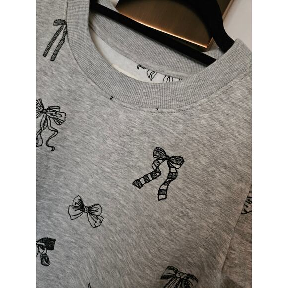 Anthropologie Maeve Gray Navy Embroidered Bow Puff Sleeve Sweatshirt NWT Small - Picture 4 of 9